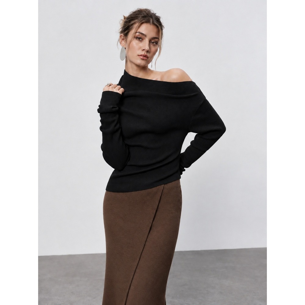COMMENSE Black Asymmetric Neck Long Sleeve Knit Top Off Shoulder Sweater XS